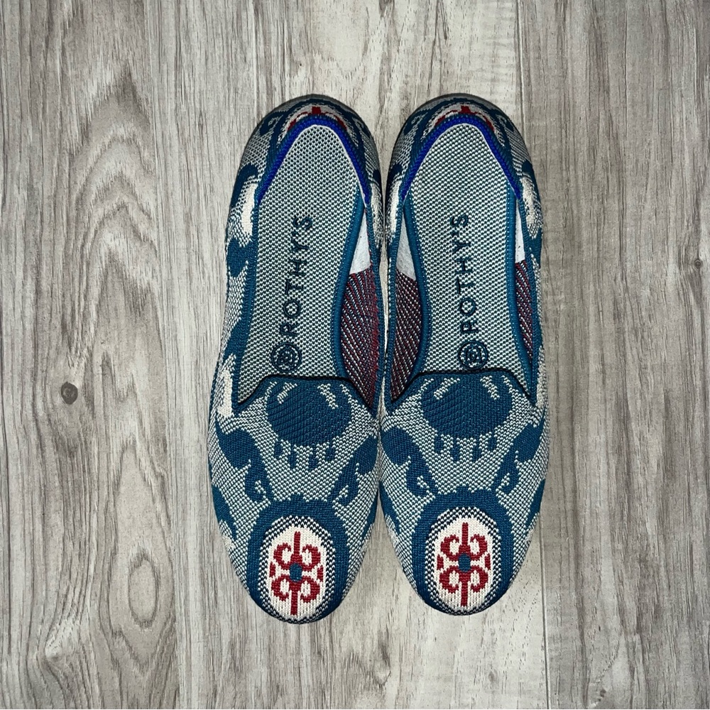 Rothy's The Loafer Moroccan Teal Round Toe Blue and Red Patterned Loafers